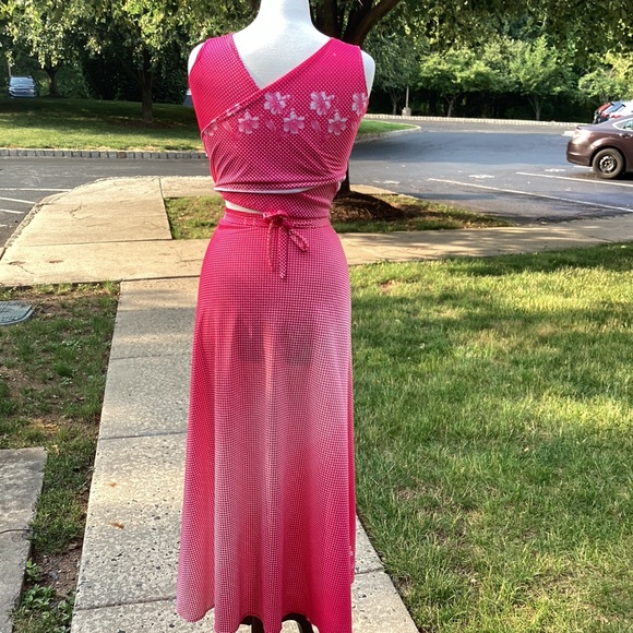 Handmade two piece swim beach dress pink polka dot and tropical flowers one size - Picture 6 of 9